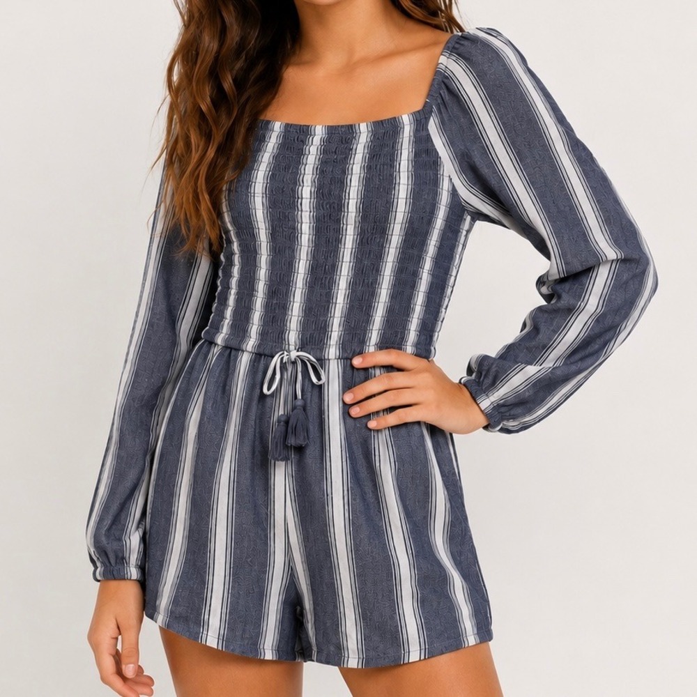 Justice Girls Blue White Striped Smocked Long Sleeve‎ Romper 16 Summer Vacation